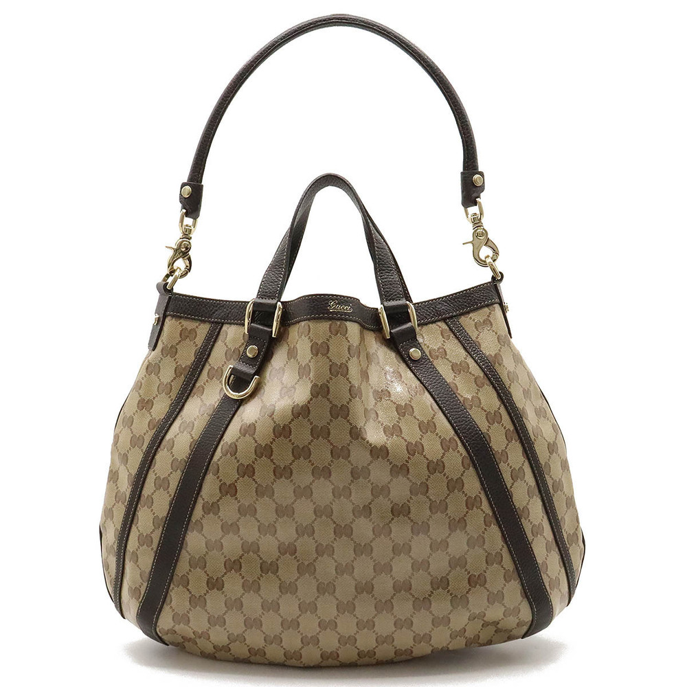 Gucci GG Crystal Tote Bag Shoulder Canvas Leather Beige Brown Cream Brown